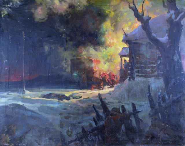 Куликов А. Е. Налет партизан на штаб немецкой части. Эскиз. 1942 Куликов А. Е. Налет партизан на штаб немецкой части. Эскиз. 1942
